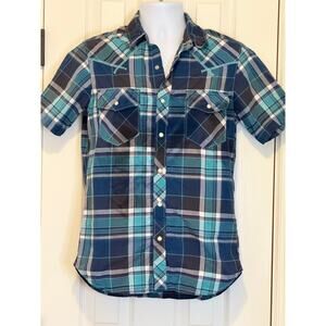 Fossil Men’s Western Pearl Snap Shirt Small Blue Plaid Y2K Cowboy Rodeo Western